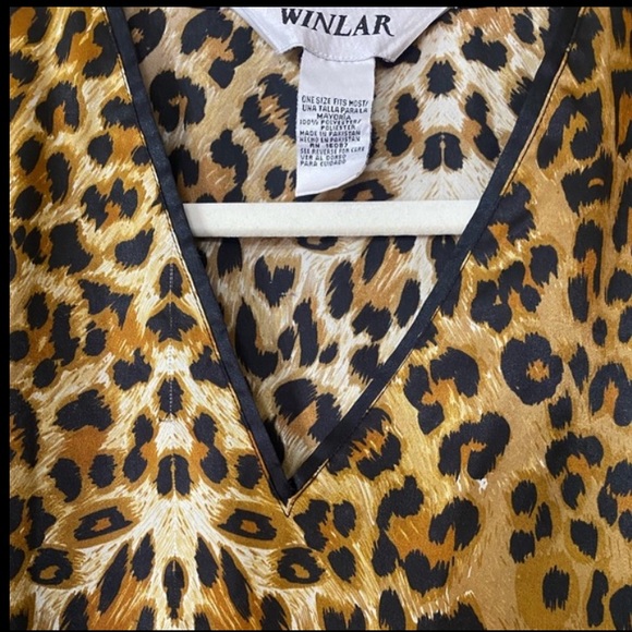 80s 90s VINTAGE BOHO LEOPARD KAFTAN GOWN MAXI DRESS COVERUP LOUNGE ANIMAL PRINT - Picture 8 of 16